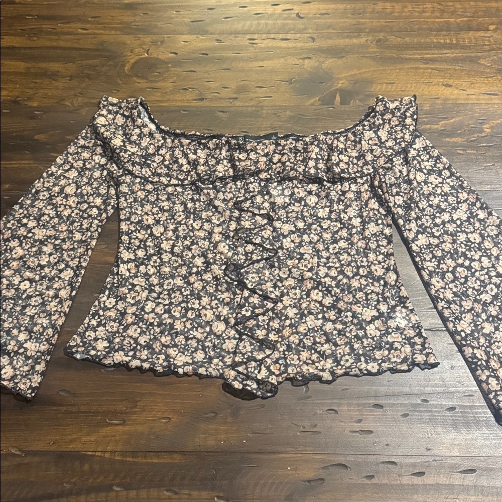 New York & Company Floral Ruffle On/Off Shoulder Mesh Blouse, Black and Cream
